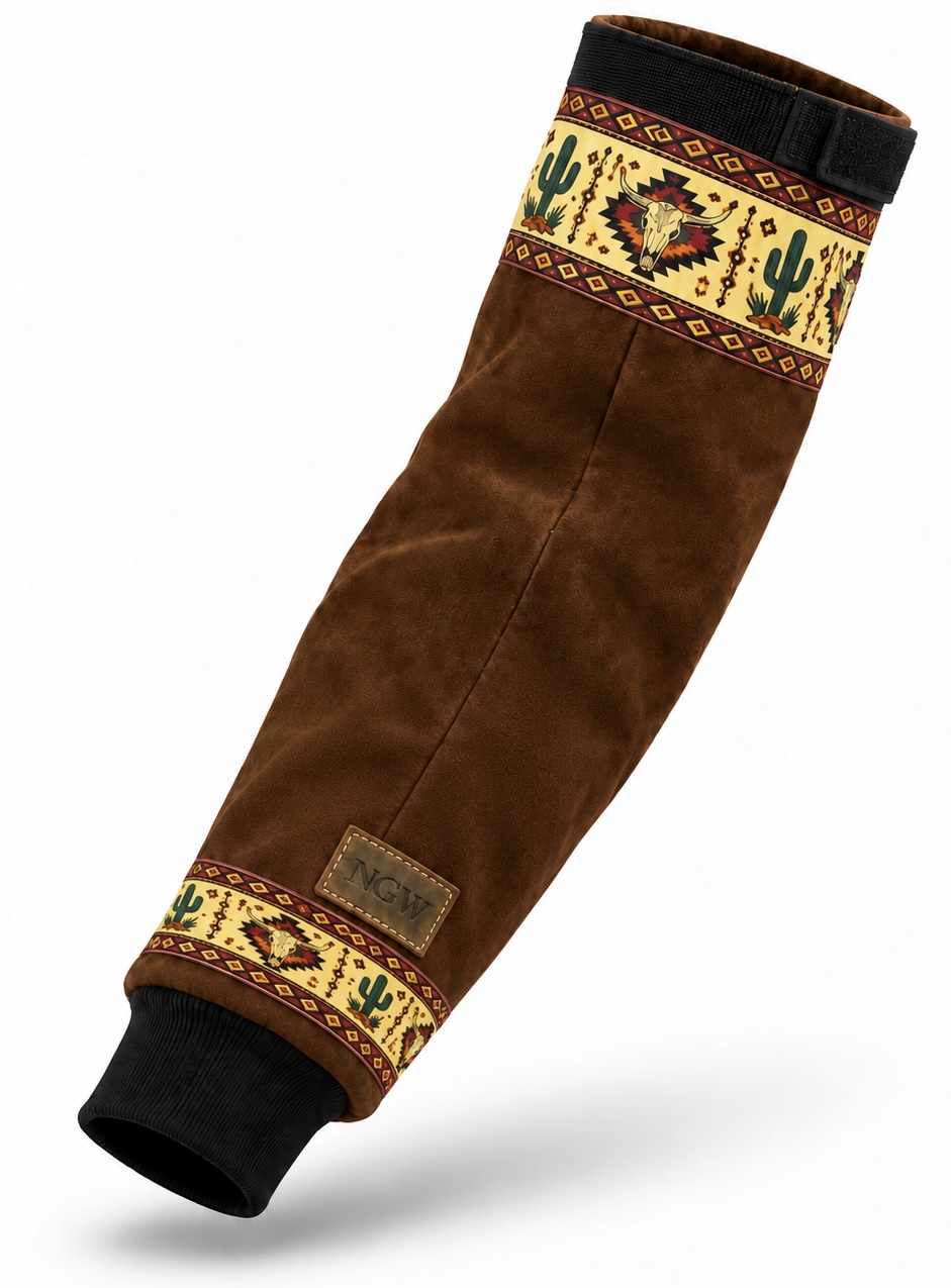 Brown leather NGW welding sleeve sample with western patterned bands and an NGW wrist patch